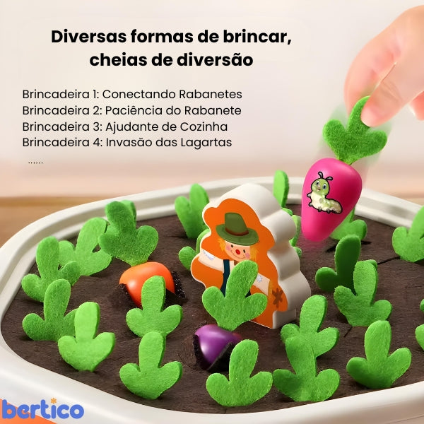 Base da MiniHorta Kids com vegetais coloridos encaixados. Brinquedo Montessori que simula cultivo e incentiva o aprendizado