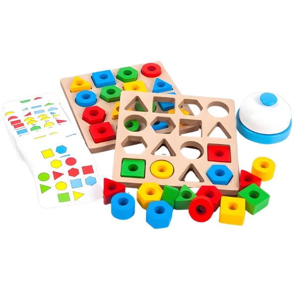 Blocos geométricos comparados em tamanho e forma. Brinquedo educativo que estimula o pensamento lógico e a curiosidade