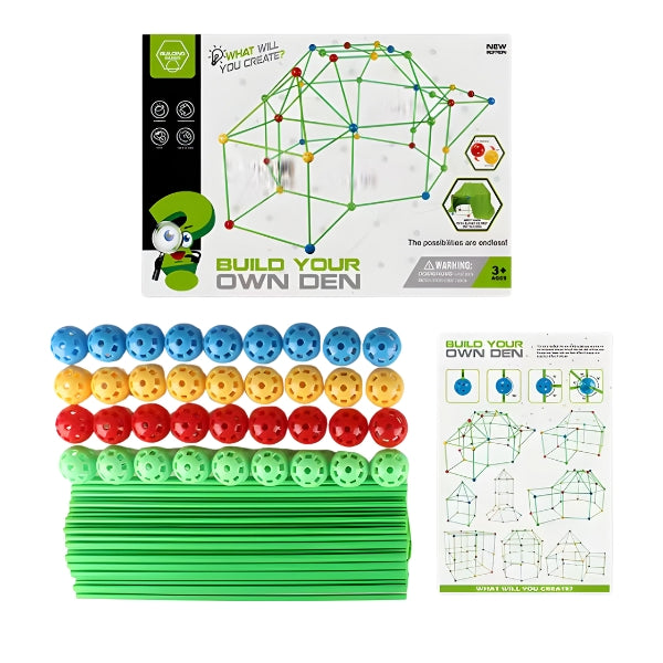Cabana montada com o Build Kit e coberta com tecido. Brinquedo ideal para brincadeiras sensoriais e experiências imersivas em casa