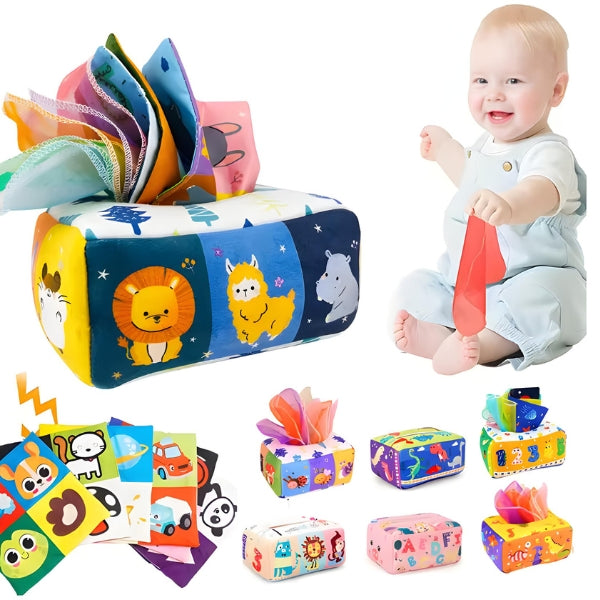 Caixa sensorial TecidoBox com tecidos coloridos expostos. Brinquedo Montessori que estimula o tato e a coordenação motora