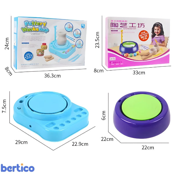 Conteúdo do kit MiniCeram com argila, pincéis e ferramentas. Tudo o que a criança precisa para começar a modelar