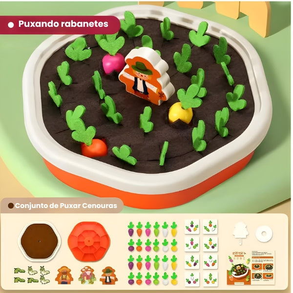 Criança colhendo vegetais da MiniHorta Kids. Atividade lúdica que ensina sobre alimentação e natureza desde cedo