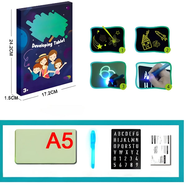 Criança usando caneta luminosa na lousa mágica infantil, desenvolvendo habilidades motoras e imaginação de forma divertida e segura