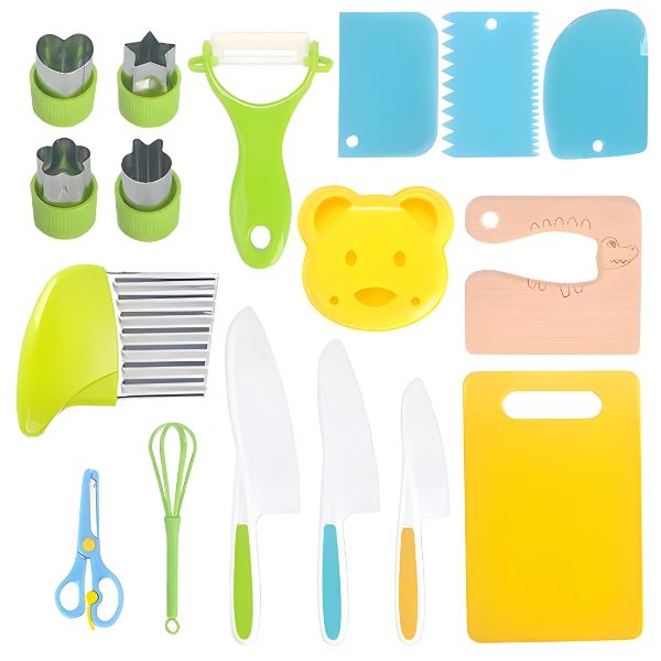 Descubra os utensílios de cozinha infantis seguros e funcionais, ideais para ensinar habilidades práticas com diversão