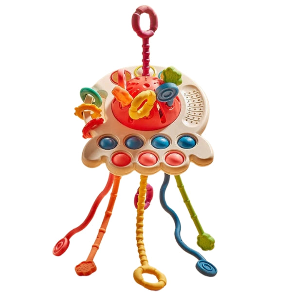 Detalhes das funções interativas do Disco Sensorial Infantil. Brinquedo educativo com cordões, texturas e botões para bebês a partir de 6 meses