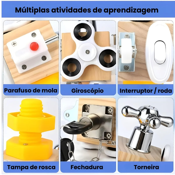 Detalhes do Treco Fácil com fecho, botão e cadarço. Brinquedo Montessori que ensina tarefas do dia a dia com autonomia