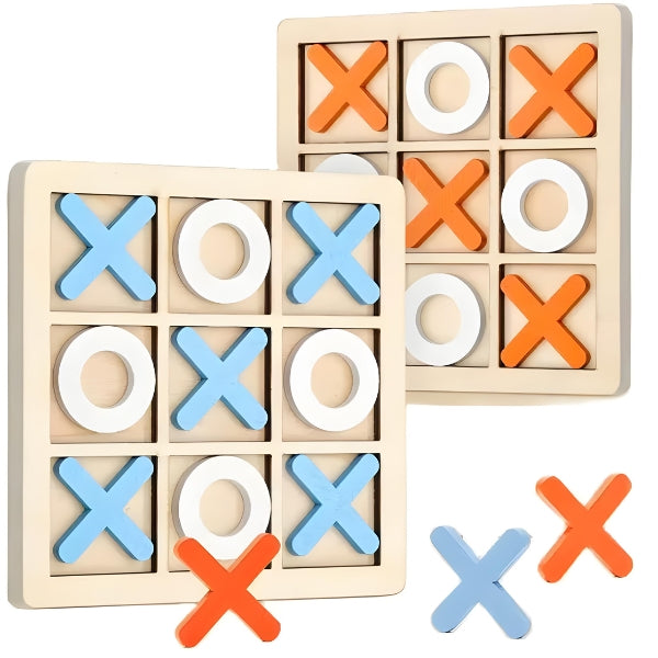 Jogo da Velha Montessori com peças de madeira resistentes, ideal para o desenvolvimento cognitivo de crianças a partir de 3 anos