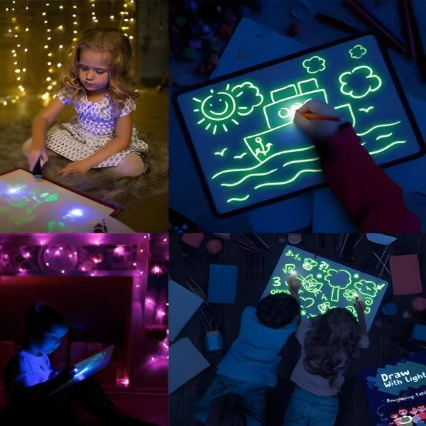 Lousa mágica com luz LED que brilha no escuro, ideal para estimular a criatividade das crianças com desenhos coloridos e educativos