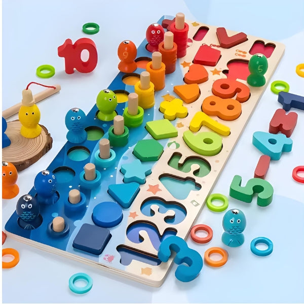 MontessoBox com atividades montessori em tabuleiro de madeira. Brinquedo educativo completo para desenvolvimento infantil