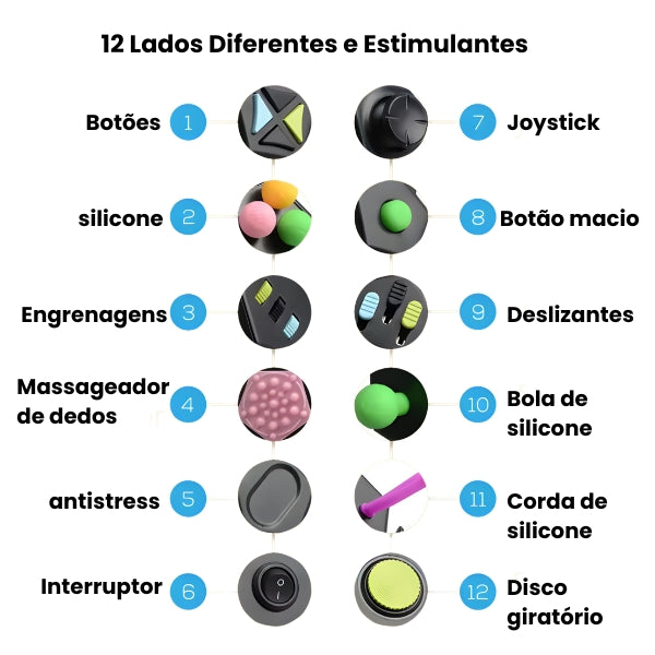 Pessoa utilizando o CalmaCube em ambiente educativo. Brinquedo portátil que ajuda na concentração e alívio da ansiedade