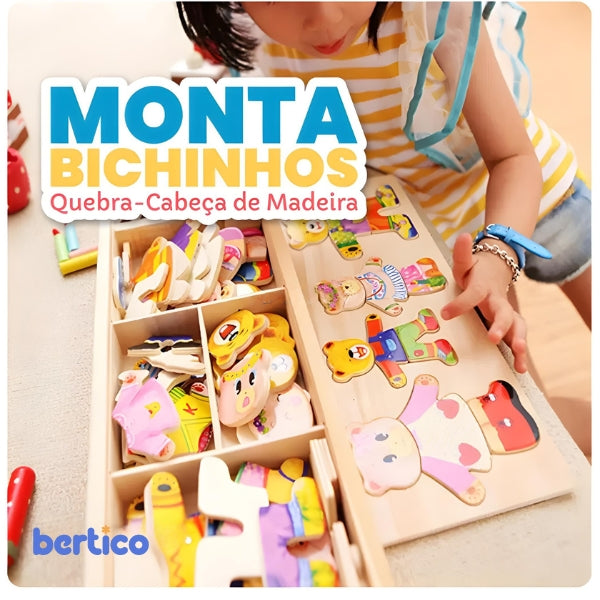 Quebra-cabeça Monta Bichinhos de madeira com peças grandes e coloridas. Estimula o raciocínio lógico e o aprendizado infantil