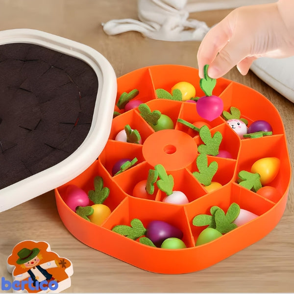 Todas as peças da MiniHorta Kids organizadas. Brinquedo educativo visualmente atrativo e fácil de guardar