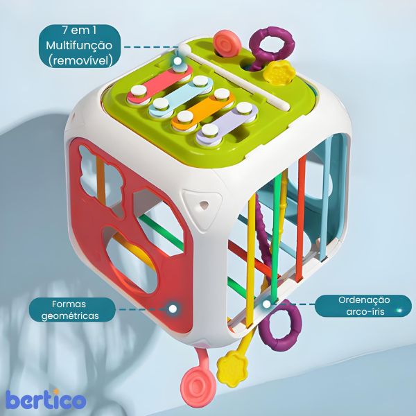 Topo do FormaBox com entradas geométricas. Brinquedo que desafia e diverte com atividades sensoriais e educativas