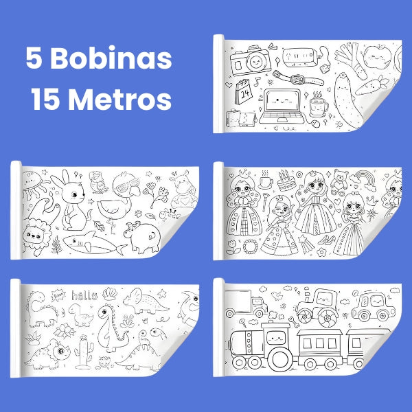 Bobina Criativa de Desenho com 3 metros de extensão. Material resistente e pronto para uso imediato, ideal para crianças a partir de 3 anos
