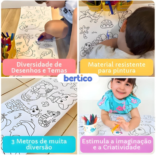 Bobina de desenho infantil que se destaca pela durabilidade e variedade de ilustrações. Melhor alternativa para um aprendizado criativo sem telas