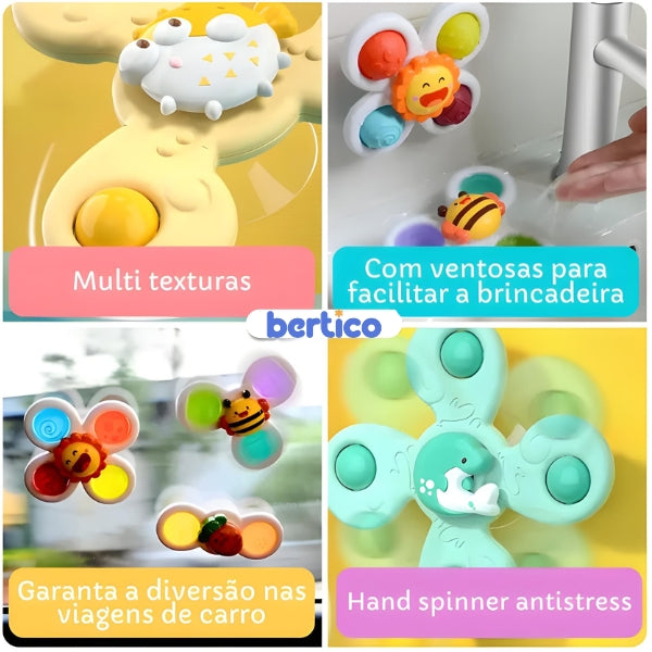 Brinquedo giratório com ventosa para fixação em mesas e superfícies lisas. Ideal para entreter bebês durante refeições e momentos de descanso
