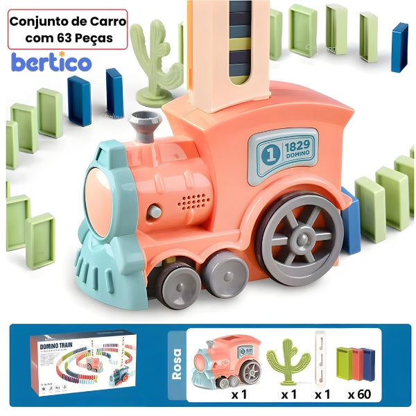 Cartucho sendo encaixado no trem Domino Express. Sistema fácil de usar para criar trilhas de dominó automaticamente