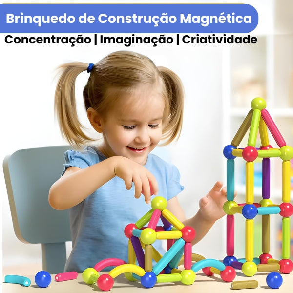 Conjunto Magnético Educativo Magna Kids com peças seguras para montar formas e estruturas criativas. Brinquedo ideal para desenvolvimento infantil