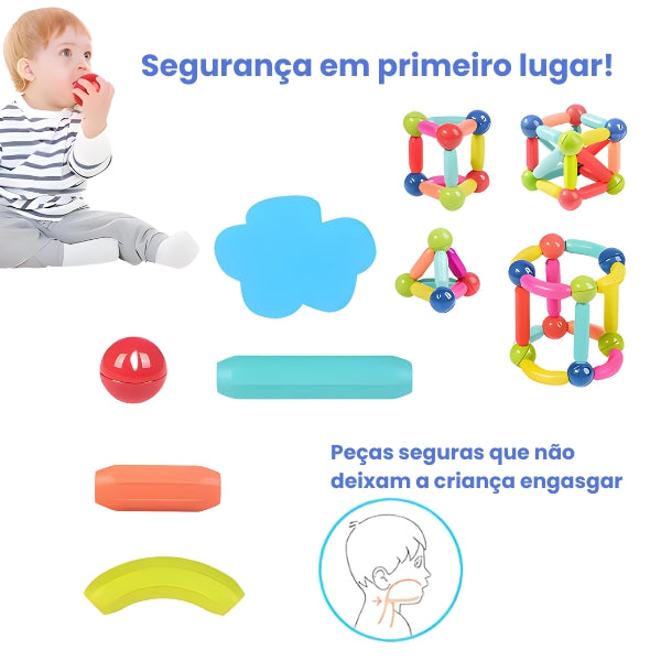 Conjunto Magna Kids com hastes coloridas e ímãs seguros. Promove aprendizado prático e diversão ao montar formas e figuras geométricas