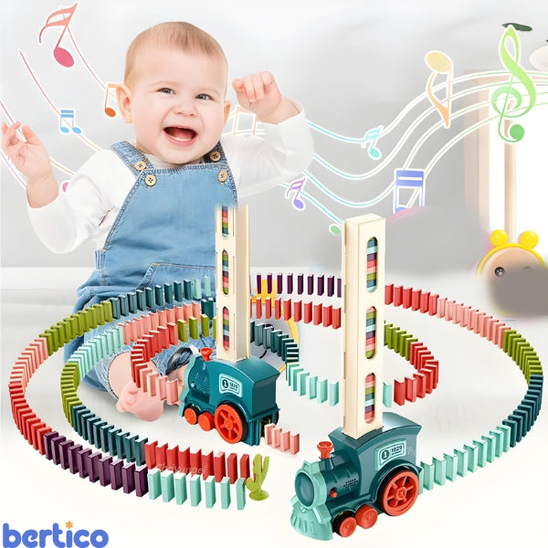 Conteúdo do kit Domino Express: trem, cartucho, dominós e acessório final. Perfeito para brincar, aprender e presentear