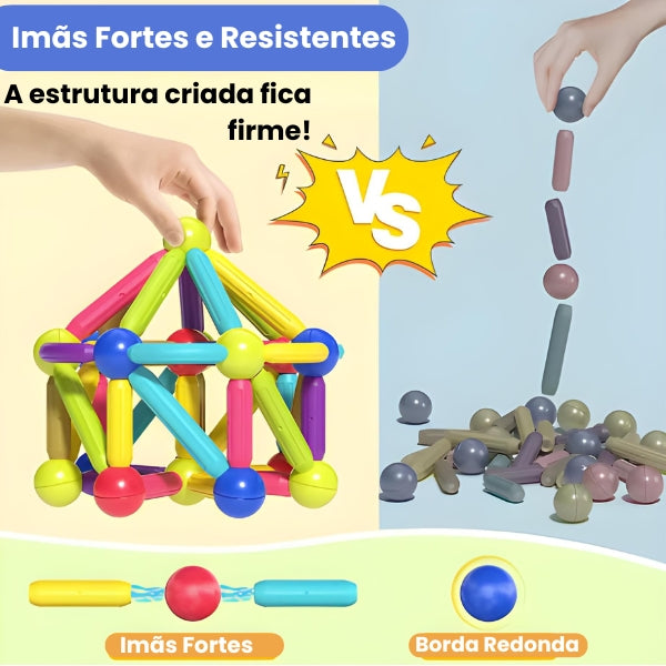 Criança construindo com o conjunto Magna Kids. Brinquedo educativo que desenvolve lógica, coordenação motora e raciocínio espacial