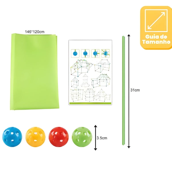 Criança montando cabana com o Build Kit Montessori. Brinquedo que desenvolve habilidades motoras, sociais e cognitivas de forma divertida