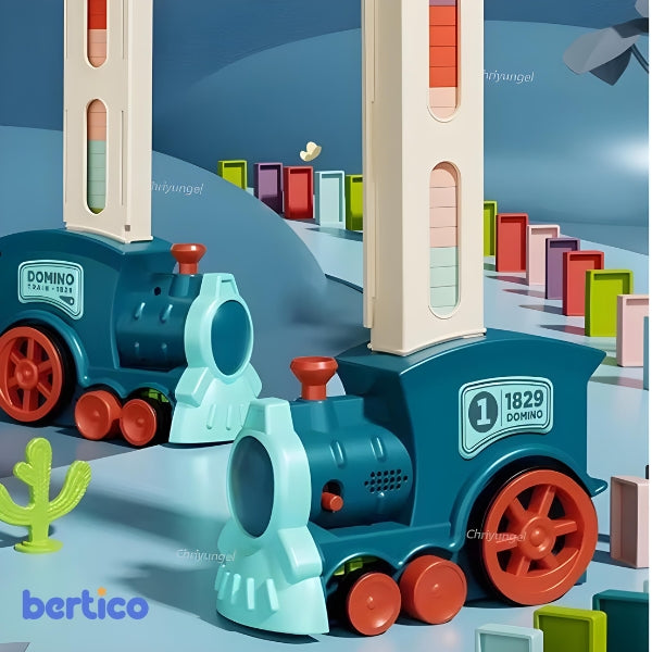 Criança usando o Domino Express para montar caminhos de dominó. Brinquedo interativo que desenvolve habilidades motoras e foco