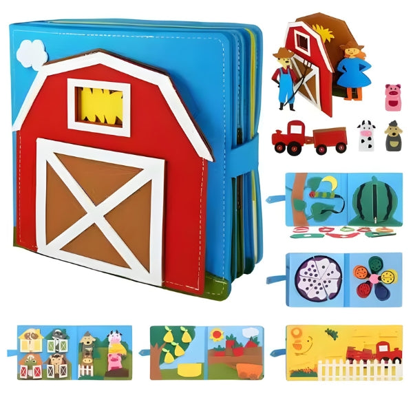 Criança usando o FeltStory para praticar botões e zíper. Auxilia no desenvolvimento da autonomia infantil