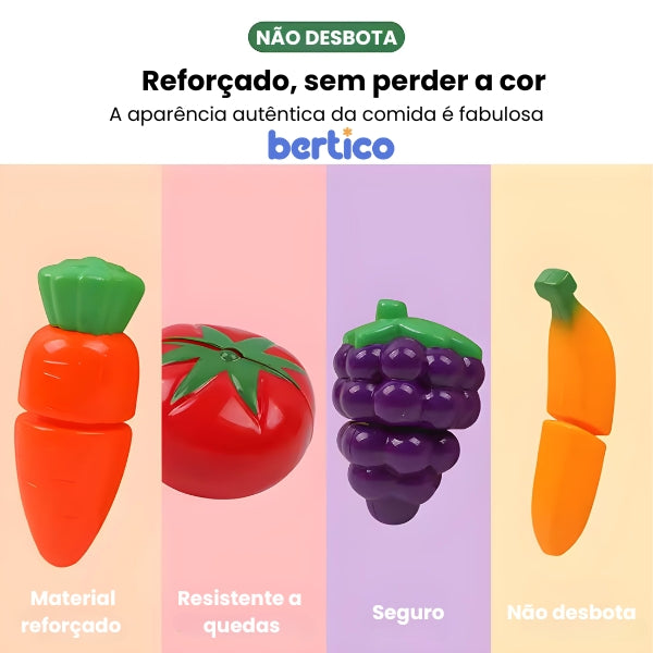 Criança usando o MiniChef Kids com faca e tábua. Estimula a criatividade e a coordenação motora com segurança