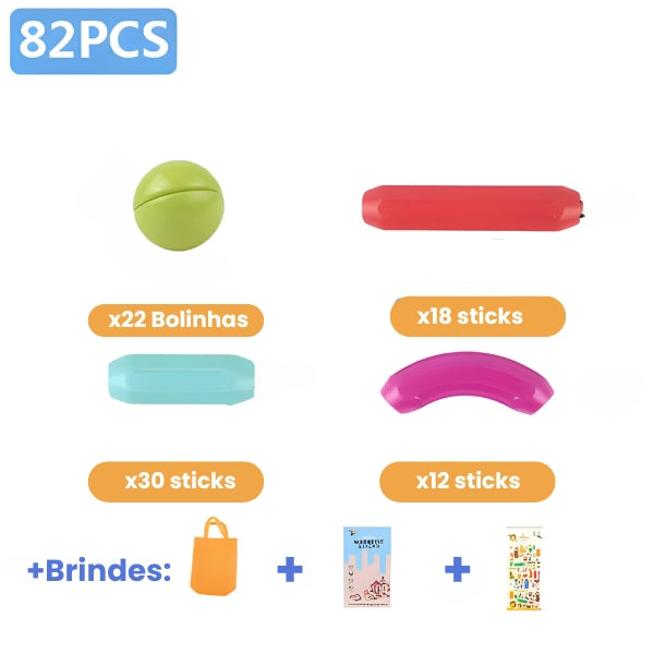 Crianças montando juntas com o Magna Kids. Estimula o trabalho em equipe, socialização e pensamento criativo através da construção livre