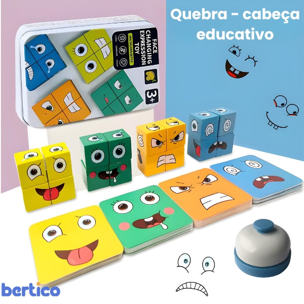 Cubo FaceMix montado com expressão feliz. Brinquedo educativo que ensina emoções e desenvolve inteligência emocional infantil