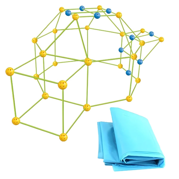 Detalhe das conexões do Build Kit com esferas e hastes seguras. Estrutura firme, fácil de montar e perfeita para crianças a partir de 3 anos