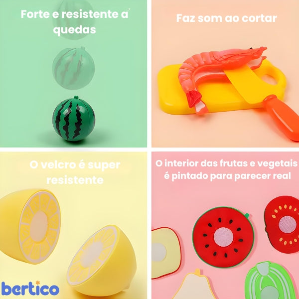 Detalhe das frutas de brinquedo com velcro. As peças se juntam e se separam simulando corte real com segurança