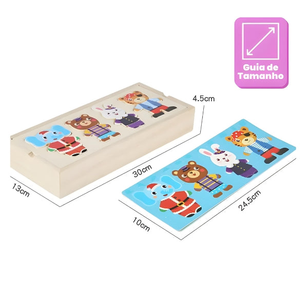 Detalhe das peças em madeira do Monta Bichinhos. Produto resistente, seguro e feito com tinta atóxica para uso infantil