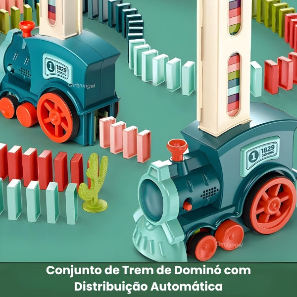 Efeito dominó acionado após o percurso. Brinquedo mágico que diverte e ensina lógica e causa e efeito