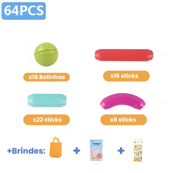 Embalagem do Magna Kids com peças magnéticas inclusas. Brinquedo ideal para crianças a partir de 3 anos, compatível com kits semelhantes