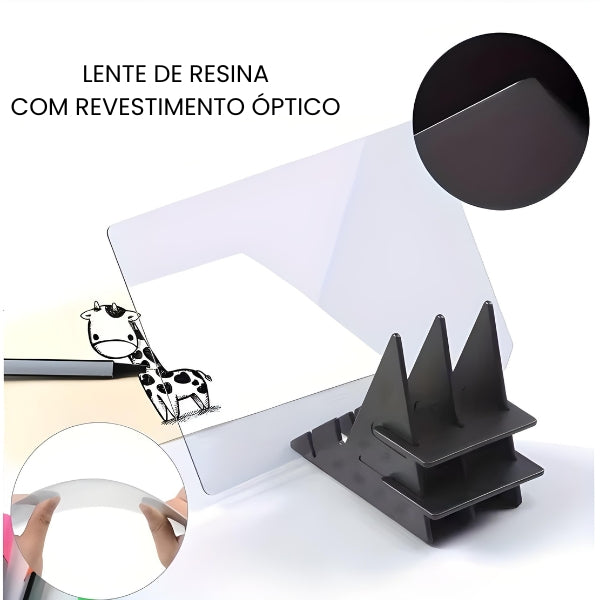 Kit CopyDraw Pro desmontado com lente, suporte e base. Fácil de montar, usar e guardar após a atividade