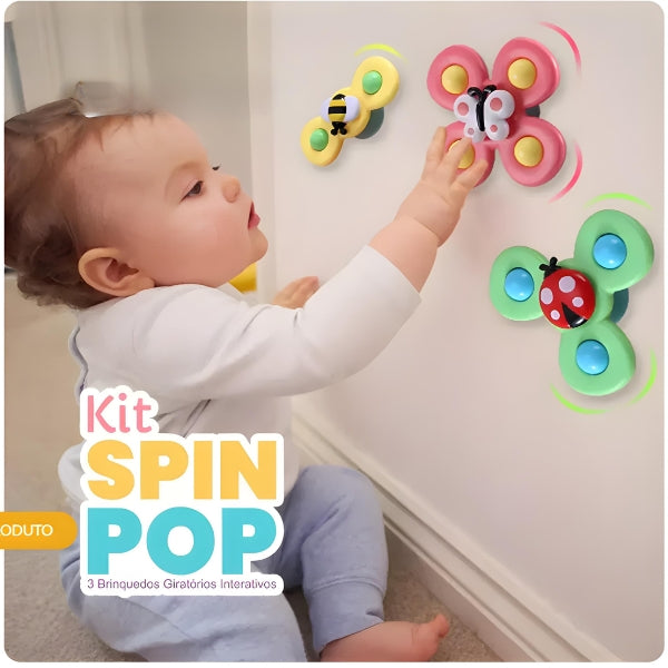 Kit Spin Pop com 3 brinquedos giratórios interativos. Estimula o desenvolvimento motor e sensorial de bebês de forma divertida e segura