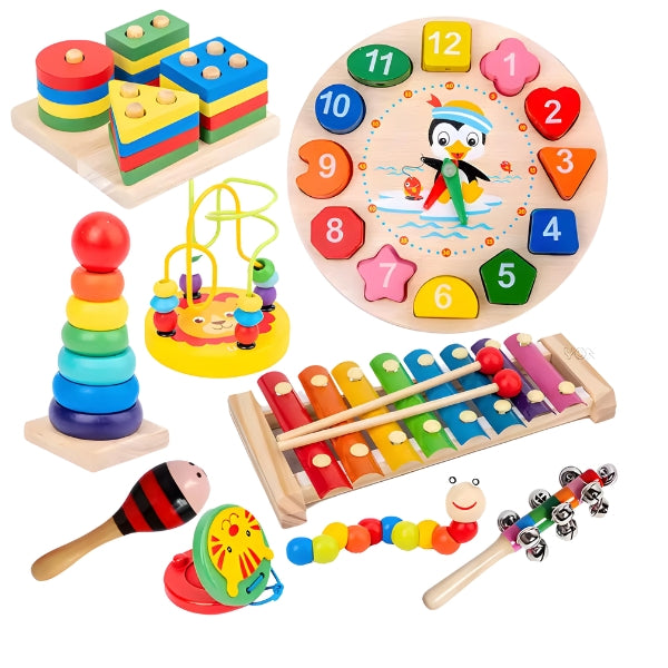 LudoBox com todos os 7 brinquedos montessori organizados. Brinquedo educativo multifuncional que estimula o aprendizado completo