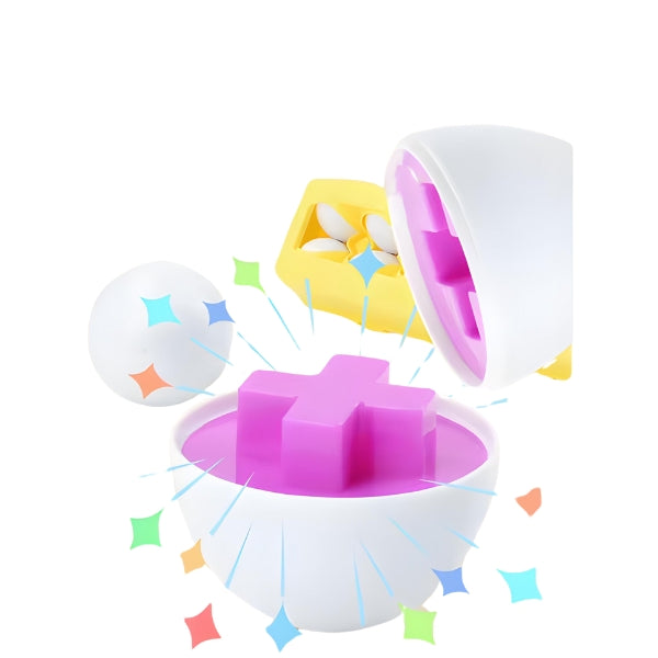 Ovos do EggPlay desmontados, mostrando encaixes distintos. Ideal para ensinar correspondência visual de forma divertida