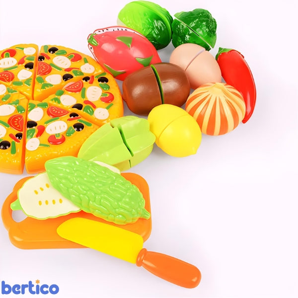 Peças do MiniChef Kids organizadas em fileiras. Visual colorido e atrativo que prende a atenção dos pequenos