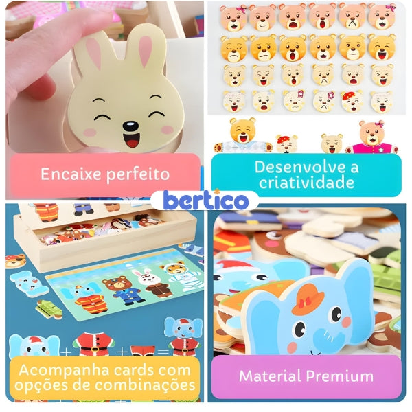 Peças do Monta Bichinhos desmontadas. Brinquedo educativo de madeira que desenvolve a coordenação motora e o reconhecimento de formas