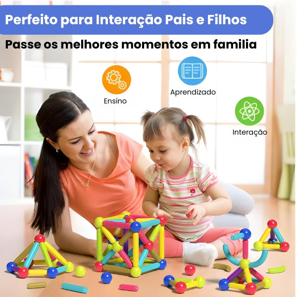 Peças magnéticas do Magna Kids com hastes coloridas e esferas metálicas. Ideal para montar construções em 3D com segurança e criatividade