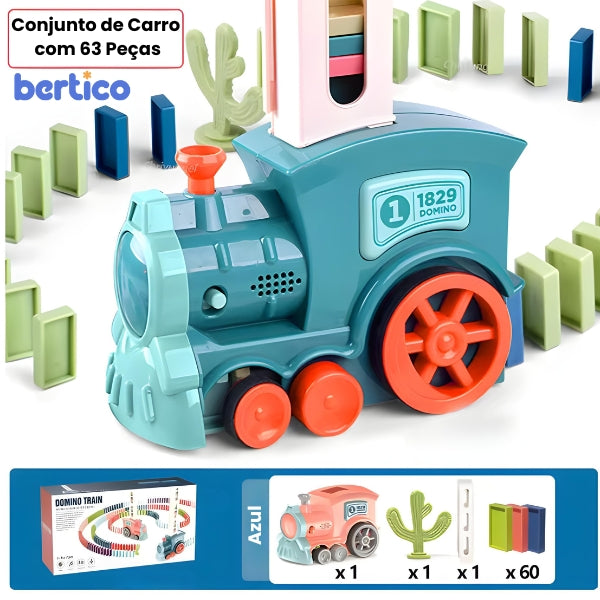 Sequência perfeita de dominós formada pelo trem. Estimula planejamento, paciência e resolução de problemas