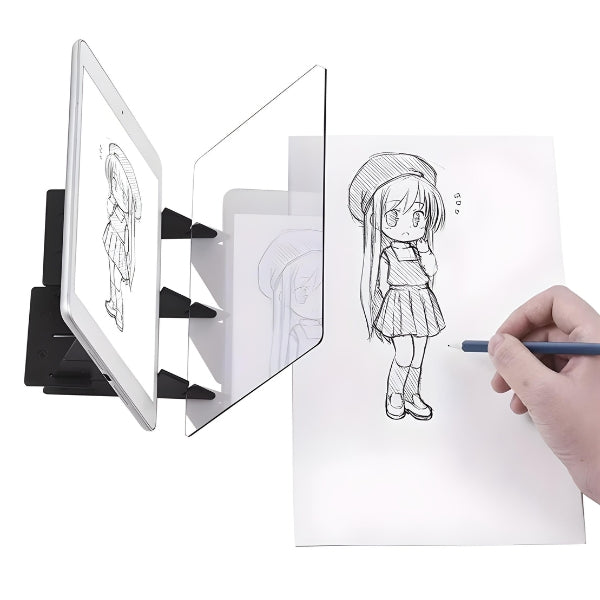 Suporte ajustável do CopyDraw Pro com celular acoplado. Compatível com tablets e smartphones