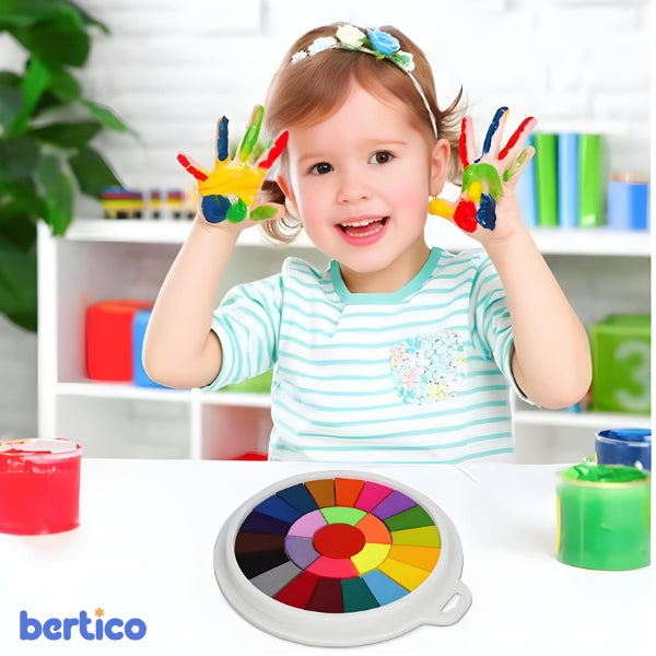 Tintas para pintura a dedo infantil em 6 cores vibrantes e seguras. Produto lavável, não tóxico e ideal para estimular o aprendizado criativo