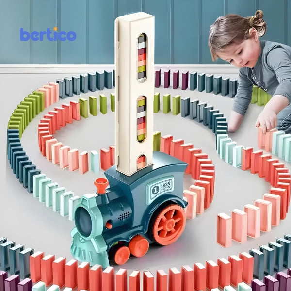 Vista superior do Domino Express organizando os dominós. Design atrativo e funcional que encanta crianças e adultos